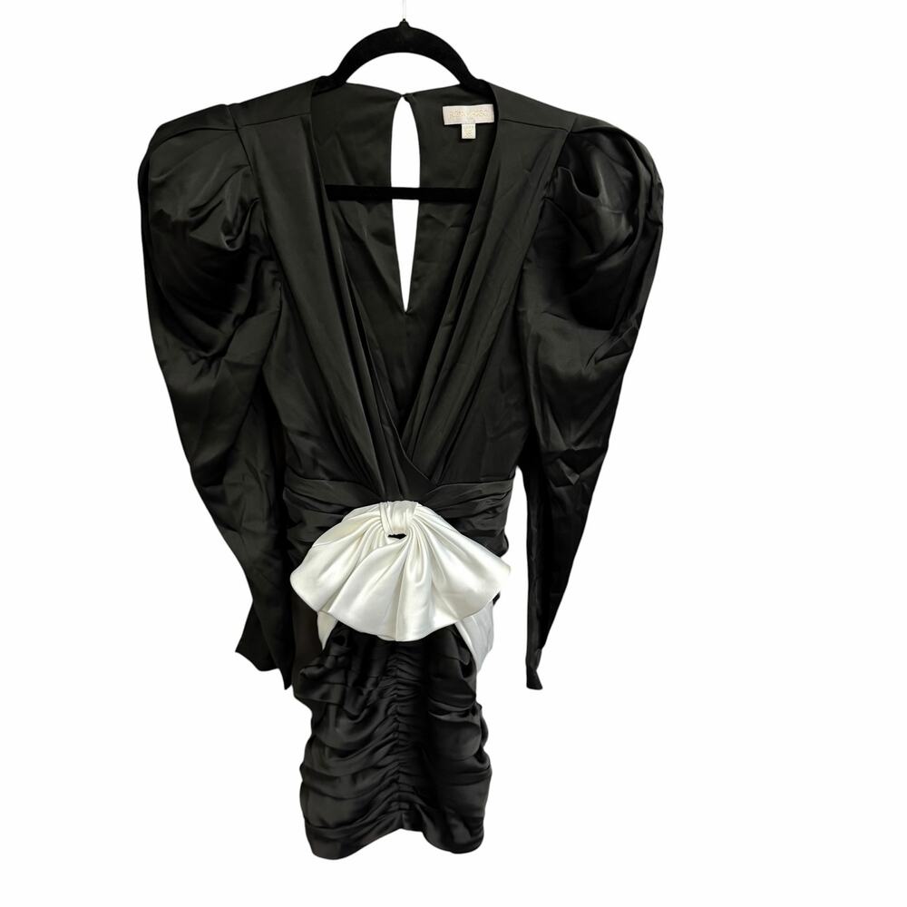 Ronny Kobo Bow Accent Margo Dress Black White Ruched Mini Length Womens Size XS - Picture 2 of 11